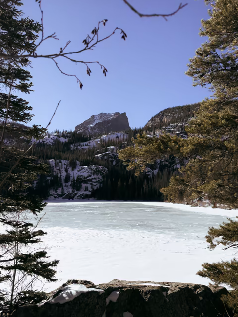 A frozen alpine lake and snowy mountain framed by pine trees
