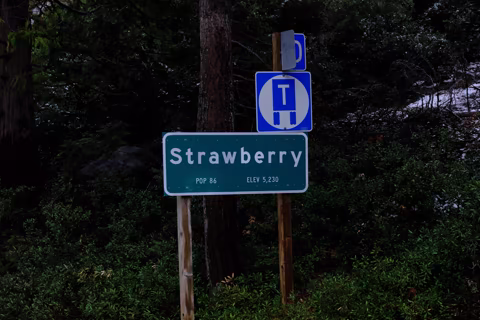 Strawberry, California highway sign surrounded by forest